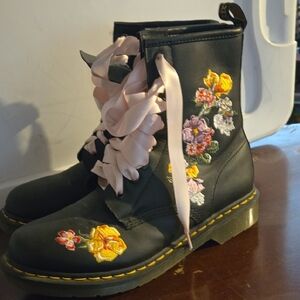 Dr. Martens Floral Embroidered Black Boots with Pink Ribbon